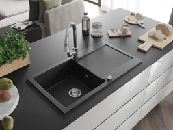 Mexen Leo chiuvetă de granit cu 1 cuvă, picurător și baterie Elia, negru/metalic argintiu - 6501-73-670101-00