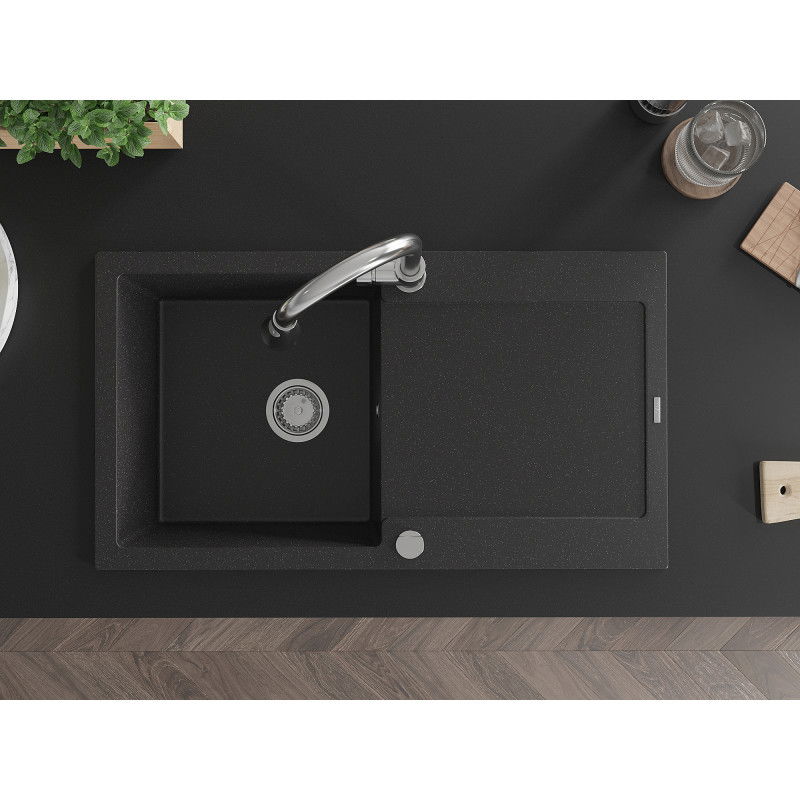 Mexen Leo gránit mosogató 1-medencés csepegtetővel és Elia konyhai csappal, fekete/ezüst metál - 6501-73-670101-00