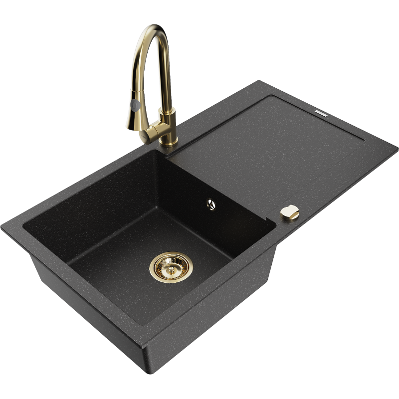 Mexen Leo chiuvetă de granit cu o singură cuvă cu scurgător și baterie de bucătărie Elia, negru/metalic argintiu