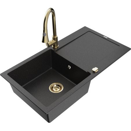 Mexen Leo chiuvetă de granit cu o singură cuvă cu scurgător și baterie de bucătărie Elia, negru/metalic argintiu