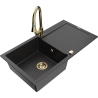 Mexen Leo chiuvetă de granit cu o singură cuvă cu scurgător și baterie de bucătărie Elia, negru/metalic argintiu