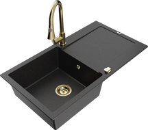 Mexen Leo 1 rekeszes gránit mosogató csepegtetővel és Elia konyhai csappal, fekete/ezüst metál - 6501-73-670101-50