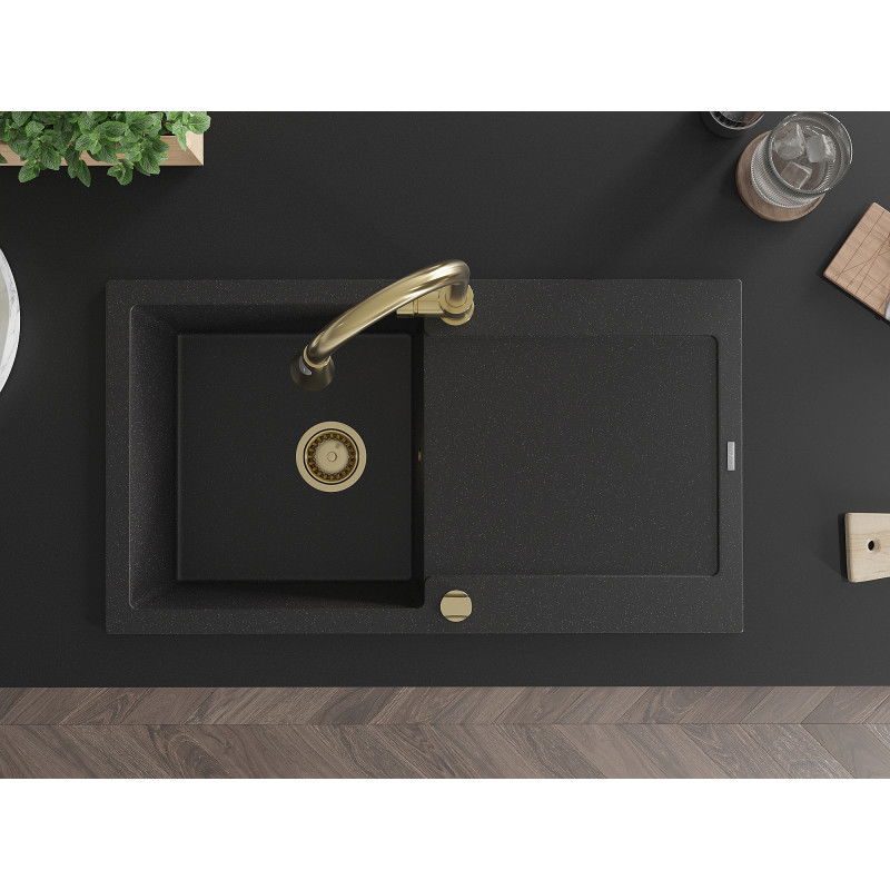 Mexen Leo 1 rekeszes gránit mosogató csepegtetővel és Elia konyhai csappal, fekete/ezüst metál - 6501-73-670101-50