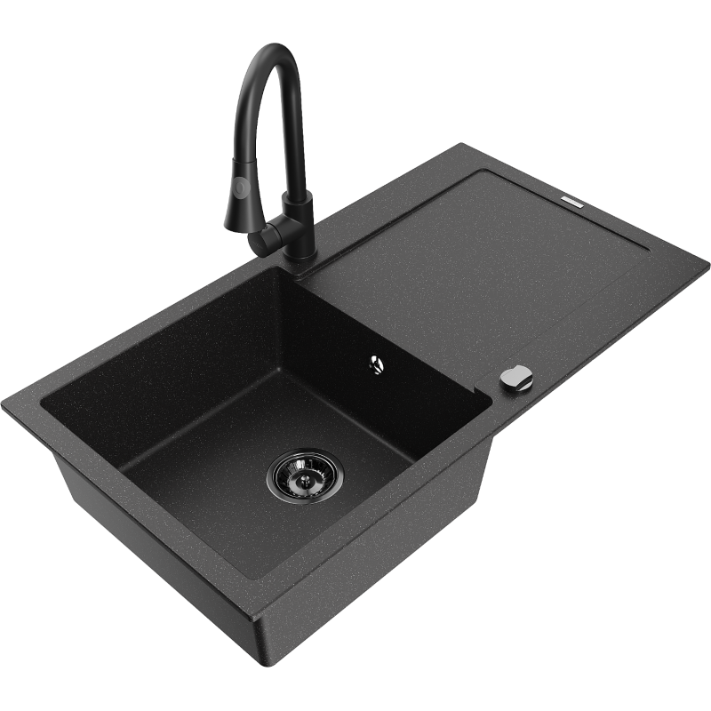 Mexen Leo chiuvetă din granit cu 1 compartiment cu picurător și robinet de bucătărie Elia, negru/metalic argintiu