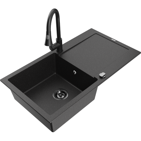 Mexen Leo chiuvetă din granit cu 1 compartiment cu picurător și robinet de bucătărie Elia, negru/metalic argintiu