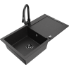 Mexen Leo chiuvetă din granit cu 1 compartiment cu picurător și robinet de bucătărie Elia, negru/metalic argintiu