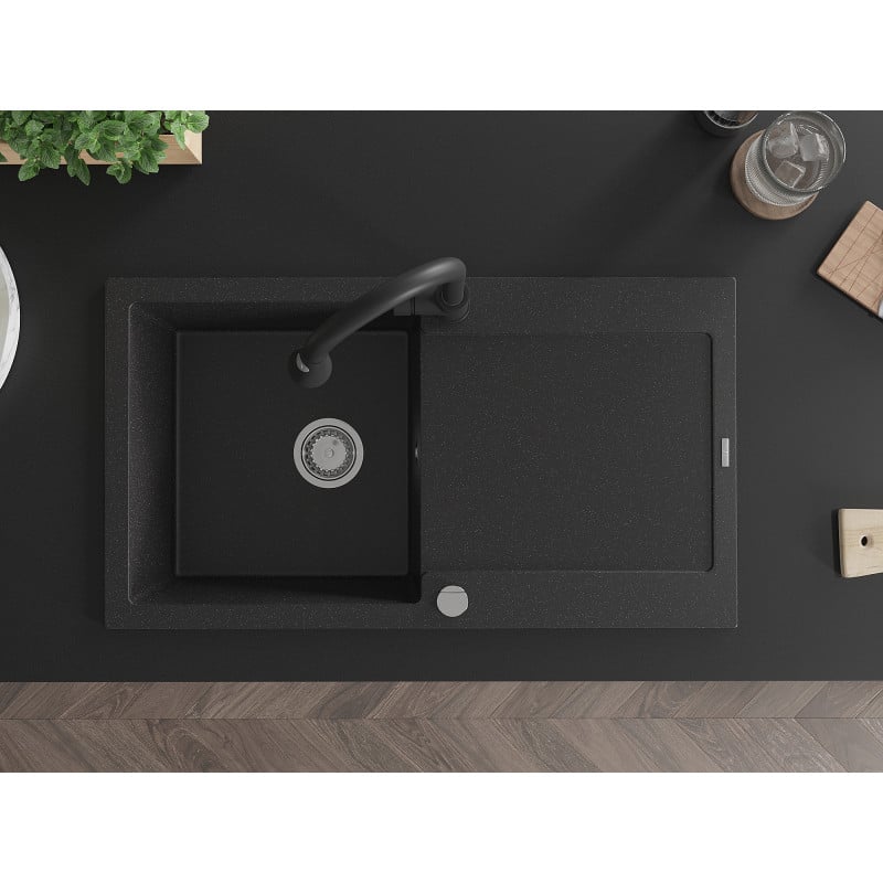 Mexen Leo chiuvetă de granit cu o cuvă, cu scurgător și baterie de bucătărie Elia, negru/metalic argintiu