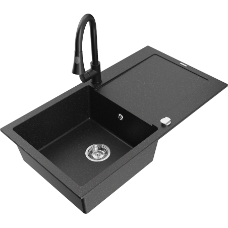 Mexen Leo chiuvetă de granit cu o cuvă, cu scurgător și baterie de bucătărie Elia, negru/metalic argintiu