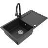 Mexen Leo chiuvetă de granit cu o cuvă, cu scurgător și baterie de bucătărie Elia, negru/metalic argintiu