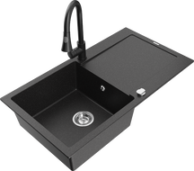 Mexen Leo 1 rekeszes gránit mosogató csepegtetővel és Elia konyhai csapteleppel, fekete/ezüst metál - 6501-73-670101-70