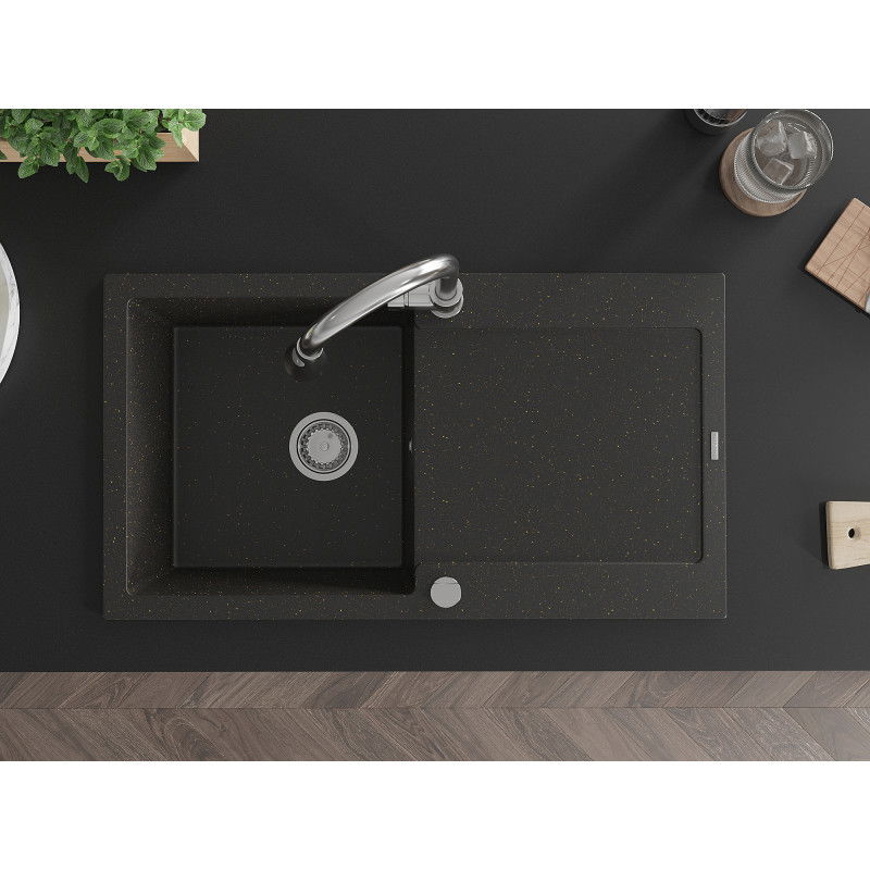Mexen Leo gránit mosogató 1-medencés csepegtetővel és Elia konyhai csapteleppel, fekete/arany metál - 6501-75-670101-00