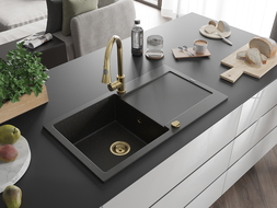 Chiuvetă granitică Mexen Leo cu 1 compartiment, picurător și baterie Elia, negru/auriu metalic - 6501-75-670101-50