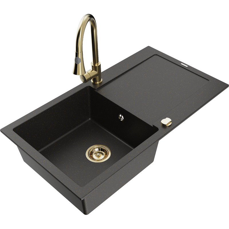 Chiuvetă granitică Mexen Leo cu 1 compartiment, picurător și baterie Elia, negru/auriu metalic - 6501-75-670101-50