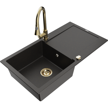 Chiuvetă granitică Mexen Leo cu 1 compartiment, picurător și baterie Elia, negru/auriu metalic - 6501-75-670101-50