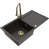 Mexen Leo chiuvetă din granit cu 1 compartiment cu picurător și baterie de bucătărie Elia, negru/auriu metalic