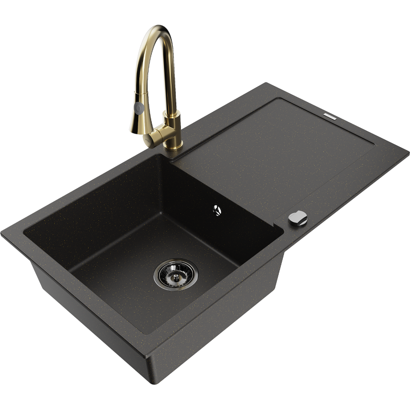 Mexen Leo chiuvetă de bucătărie din granit cu 1 compartiment cu scurgător și baterie de bucătărie Elia, negru/auriu