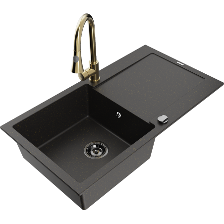 Mexen Leo chiuvetă de bucătărie din granit cu 1 compartiment cu scurgător și baterie de bucătărie Elia, negru/auriu