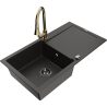 Mexen Leo chiuvetă de bucătărie din granit cu 1 compartiment cu scurgător și baterie de bucătărie Elia, negru/auriu