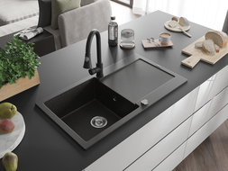Mexen Leo chiuvetă granit 1-cameră cu scurgere și baterie de bucătărie Elia, negru/auriu metalic - 6501-75-670101-70