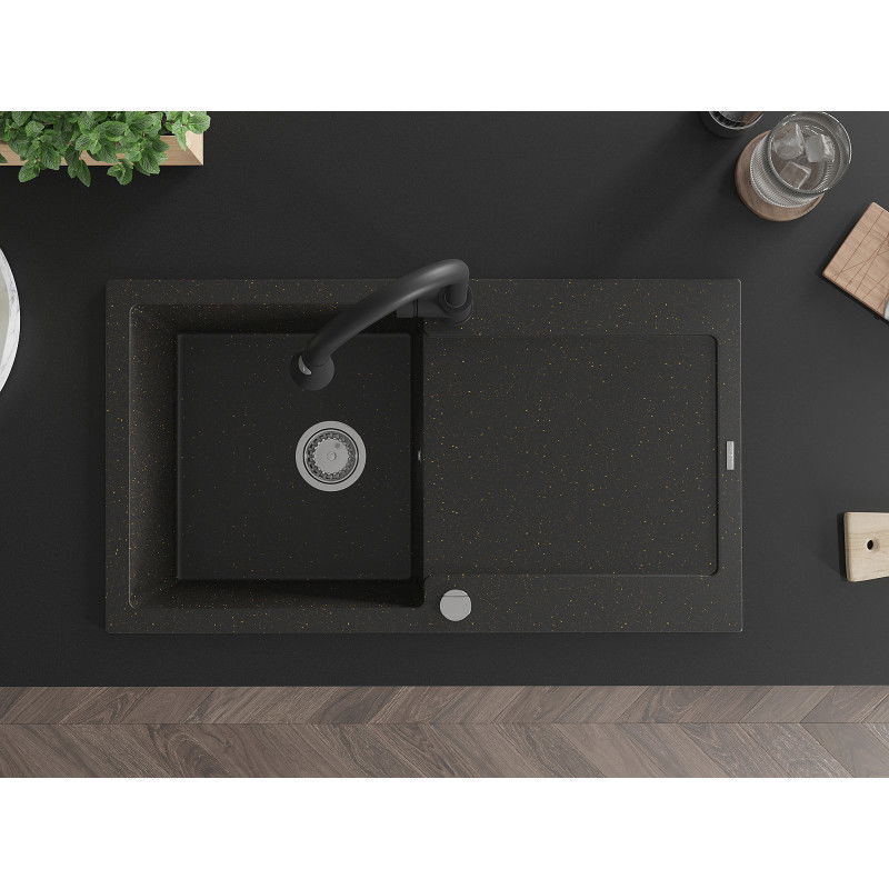 Mexen Leo 1-medencés, csöpögtetős gránit mosogató Elia konyhai csapteleppel, fekete/arany metál - 6501-75-670101-70