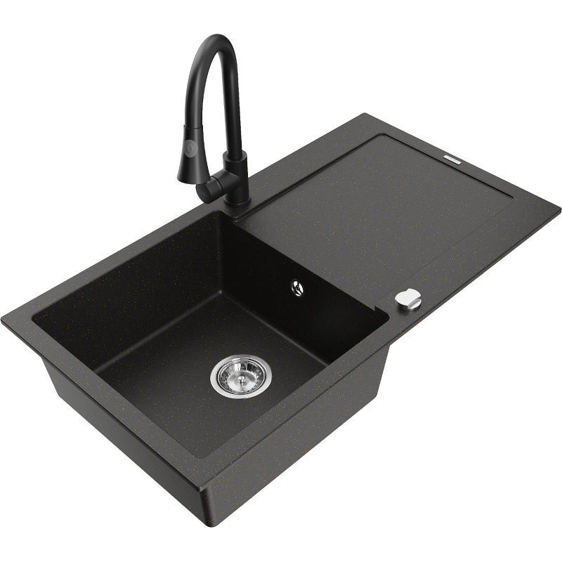 Mexen Leo chiuvetă granit 1-cameră cu scurgere și baterie de bucătărie Elia, negru/auriu metalic - 6501-75-670101-70