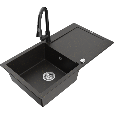 Mexen Leo chiuvetă de granit cu 1 compartiment cu picurător și baterie de bucătărie Elia, negru/auriu metalic
