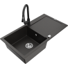 Mexen Leo chiuvetă de granit cu 1 compartiment cu picurător și baterie de bucătărie Elia, negru/auriu metalic