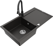 Mexen Leo 1-medencés, csöpögtetős gránit mosogató Elia konyhai csapteleppel, fekete/arany metál - 6501-75-670101-70