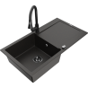 Mexen Leo chiuvetă granitică cu o singură cuvă cu scurgător și baterie de bucătărie Elia, negru/auriu metalizat