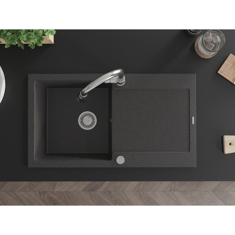 Mexen Leo egymedencés gránit mosogató csepegtetővel és Elia konyhai csapteleppel, fekete színben - 6501-76-670101-00