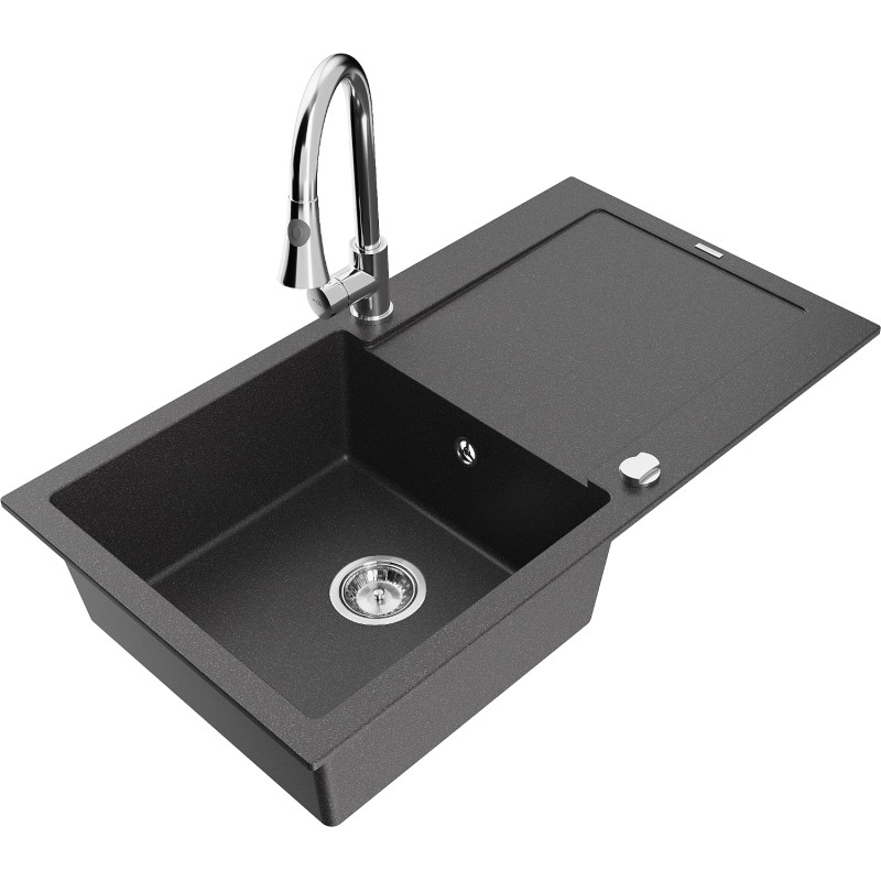 Mexen Leo Gránit mosogató 1-medencés csepegtetővel és Elia konyhai csappal, fekete pöttyös - 6501-76-670101-00