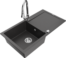 Mexen Leo chiuvetă din granit cu 1 cuvă și scurgător și baterie de bucătărie Elia, negru cu pete - 6501-76-670101-00