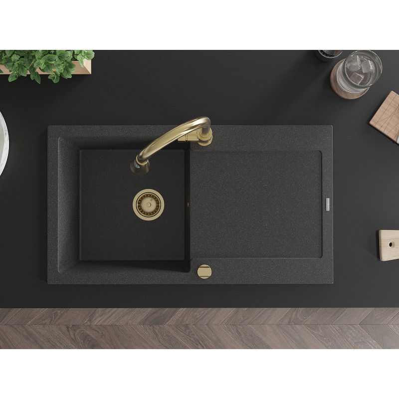 Mexen Leo gránit mosogató 1-medencés csepegtetővel és Elia konyhai csaptelep, fekete pöttyös - 6501-76-670101-50