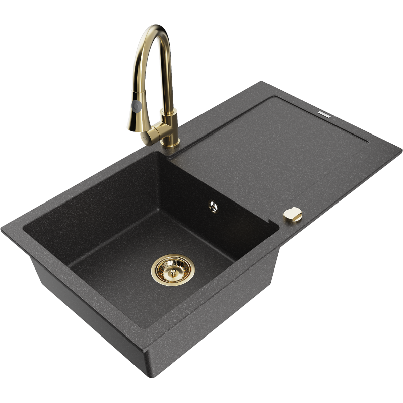 Mexen Leo chiuvetă de granit cu 1 compartiment cu picurător și baterie de bucătărie Elia, negru cu stropi