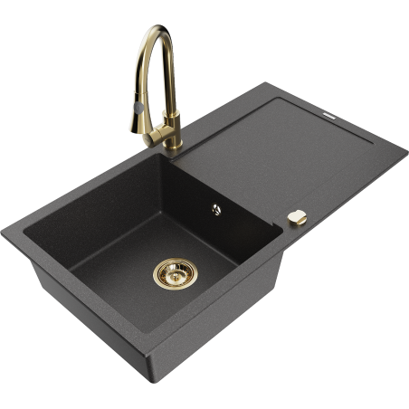 Mexen Leo chiuvetă de granit cu 1 compartiment cu picurător și baterie de bucătărie Elia, negru cu stropi