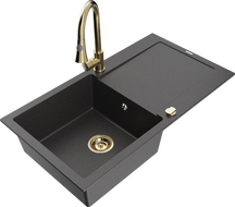 Mexen Leo gránit mosogató 1-medencés csepegtetővel és Elia konyhai csaptelep, fekete pöttyös - 6501-76-670101-50