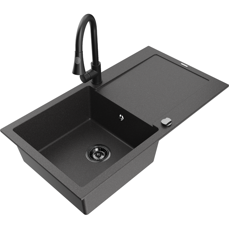 Mexen Leo chiuvetă de granit cu 1 cuvă, cu scurgător și baterie de bucătărie Elia, negru pătat - 6501-76-670101-70-B