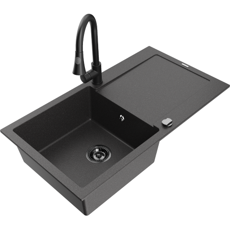 Mexen Leo chiuvetă de granit cu 1 cuvă, cu scurgător și baterie de bucătărie Elia, negru pătat - 6501-76-670101-70-B