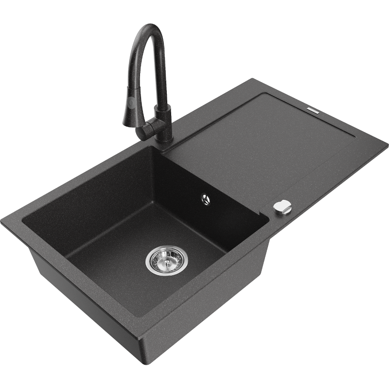 Chiuveta din granit Mexen Leo cu 1 compartiment cu scurgător și baterie de bucătărie Elia, negru cu pete - 6501-76-670101-76