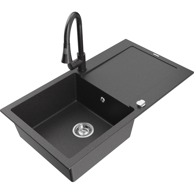 Mexen Leo chiuvetă de bucătărie din granit, cu o singură cuvă, cu scurgător și baterie Elia, negru pătat