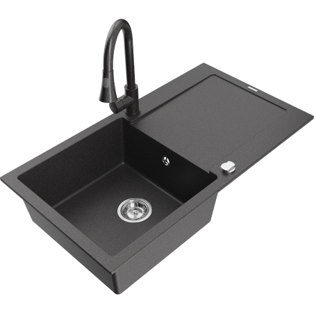 Chiuveta din granit Mexen Leo cu 1 compartiment cu scurgător și baterie de bucătărie Elia, negru cu pete - 6501-76-670101-76