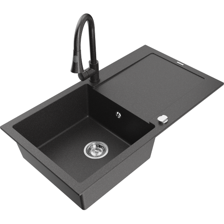 Mexen Leo chiuvetă de bucătărie din granit, cu o singură cuvă, cu scurgător și baterie Elia, negru pătat