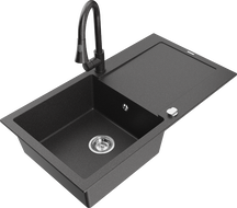 Mexen Leo chiuvetă de bucătărie din granit, cu o singură cuvă, cu scurgător și baterie Elia, negru pătat