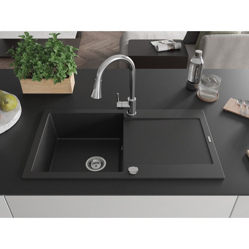 Mexen Leo 1 rekeszes gránit mosogató csepegtetővel és Elia konyhai csappal, fekete - 6501-77-670101-00