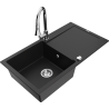 Mexen Leo chiuvetă din granit cu 1 compartiment cu picurător și baterie de bucătărie Elia, neagră - 6501-77-670101-00