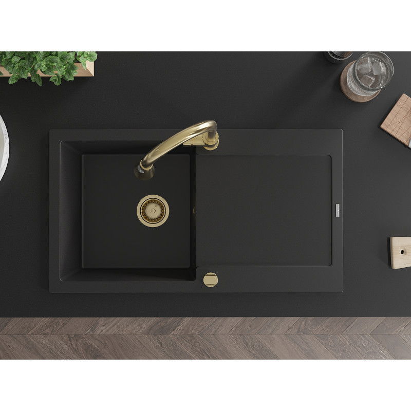 Mexen Leo 1-medencés gránit mosogató folyókával és Elia konyhai csapteleppel, fekete - 6501-77-670101-50