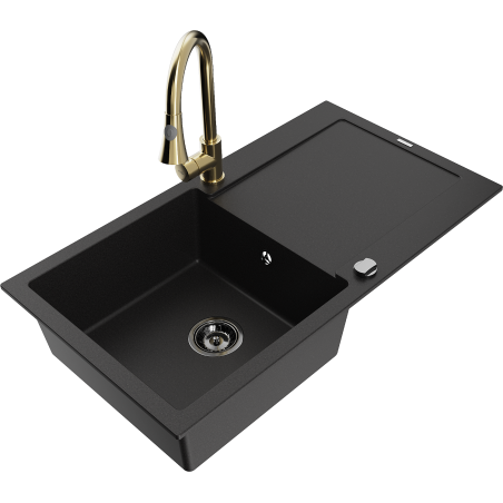 Mexen Leo chiuvetă de granit cu 1 compartiment, cu scurgător și baterie de bucătărie Elia, negru - 6501-77-670101-50-B