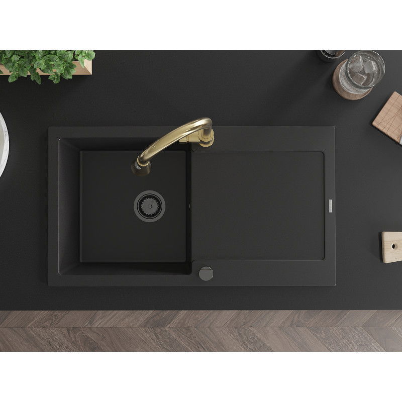 Mexen Leo 1-medencés gránit mosogató elvezetővel és Elia konyhai csapteleppel, fekete - 6501-77-670101-50-B