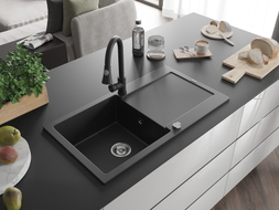 Mexen Leo chiuvetă de granit cu 1 compartiment, cu scurgător și baterie de bucătărie Elia, negru - 6501-77-670101-70