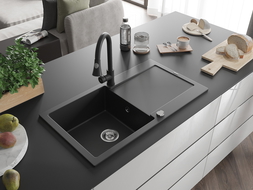 Mexen Leo chiuvetă de bucătărie din granit cu 1 compartiment și scurgător și baterie Elia, negru - 6501-77-670101-70